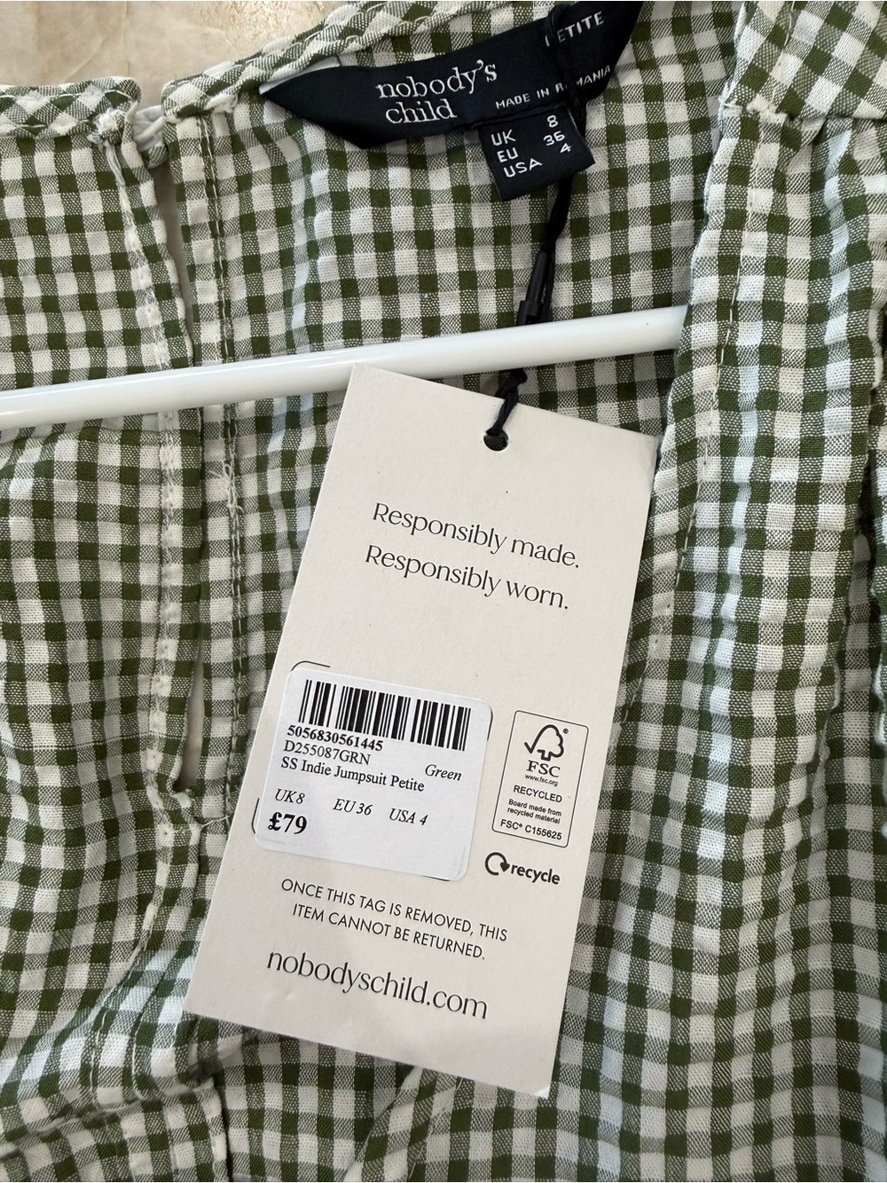 nobody's child Green Gingham Jumpsuit Petite